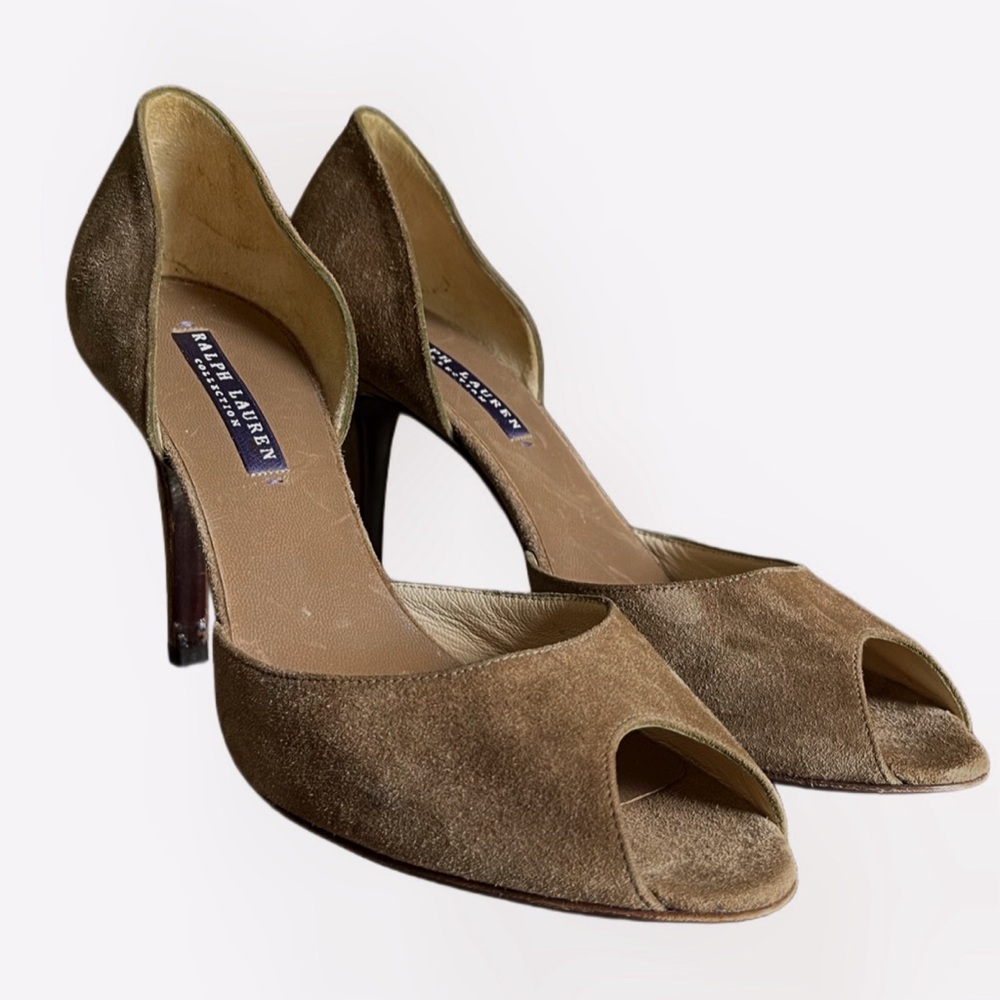 Ralph Lauren Purple Label Suede Brown Color Peep Toe Sexy Pumps Size 7 - Picture 3 of 17